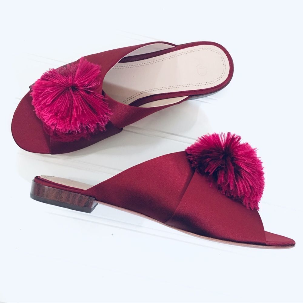 AD & Daughters Harthe Satin Pom Pom Slides NWOB Size 6.5 Burgundy Red